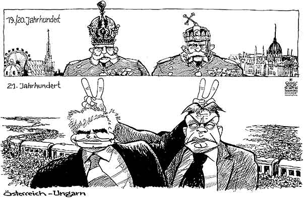 Oliver Schopf, politischer Karikaturist aus Österreich, politische Karikaturen aus Österreich, Karikatur Cartoon Illustrationen Politik Politiker Europa 2015 : EU FLÜCHTLINGE ZÜGE UNGARN ORBAN ÖSTERREICH FAYMANN ÖSTERREICHISCH-UNGARISCHE MONARCHIE FRANZ JOSEPH I HABSBURGER KRONE STEPHANSKRONE WIEN BUDAPEST 






