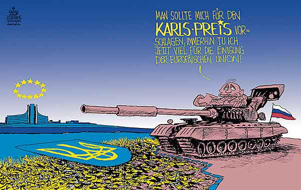  Oliver Schopf, politischer Karikaturist aus Österreich, politische Karikaturen, Illustrationen Archiv politische Karikatur Europa Ukraine 2015 UKRAINE KONFLIKT KRIEG EU RUSSLAND PUTIN PANZER SEPARATISTEN KARLSPREIS 
