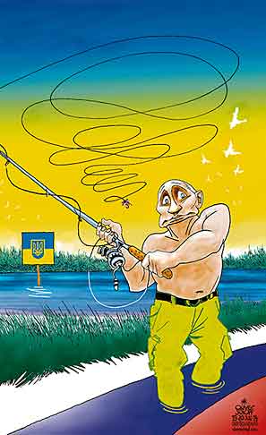 Oliver Schopf, politischer Karikaturist aus Österreich, politische Karikaturen aus Österreich, Karikatur Cartoon Illustrationen Politik Politiker Europa 2014: UKRAINE PUTIN FLIEGENFISCHER LUFTRAUM FLUGZEUG ABSTURZ MH17 

