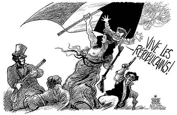 Oliver Schopf, editorial cartoons from Austria, cartoonist from Austria, Austrian illustrations, illustrator from Austria, editorial cartoon politics politician Europe, Cartoon Arts International, New York Times Syndicate, Cagle cartoon 2015 FRANCE SARKOZY UMP FRENCH REPUBLICANS NEW NAME PAINTING DELACROIX LIBERTY FREEDOM
