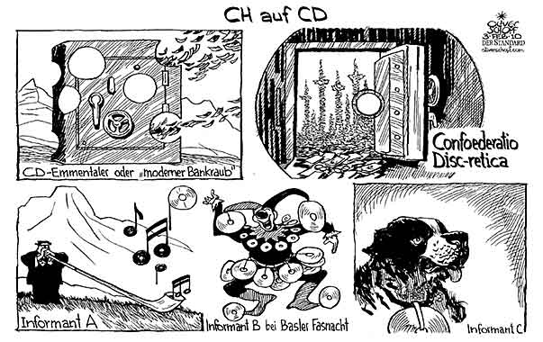 Oliver Schopf, politischer Karikaturist aus Österreich, politische Karikaturen aus Österreich, Karikatur Illustrationen Politik Politiker Europa 2010: schweiz confoederatio helvetica steuerhinterziehung cd informant