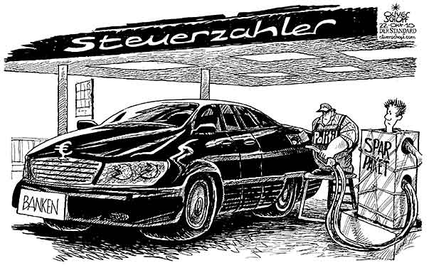 Oliver Schopf, editorial cartoons from Austria, cartoonist from Austria, Austrian illustrations, illustrator from Austria, editorial cartoon politics politician Europe 2010: taxpayer gas station gas up austerity package banks

