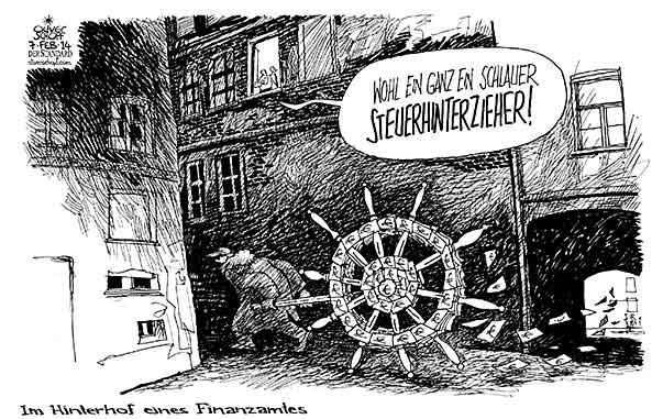 Oliver Schopf, politischer Karikaturist aus Österreich, politische Karikaturen aus Österreich, Karikatur Cartoon Illustrationen Politik Politiker Europa 2014: STEUER STEUERHINTERZIEHUNG FINANZAMT HINTERHOF FASSADE STEUERRAD GELD EURO 
