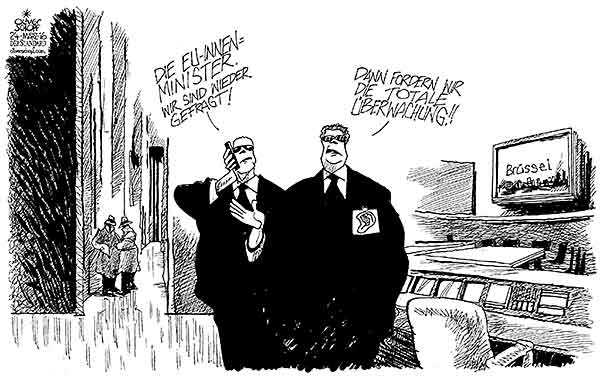 Oliver Schopf, politischer Karikaturist aus Österreich, politische Karikaturen aus Österreich, Karikatur Cartoon Illustrationen Politik Politiker Europa 2016 : EU TERROR GEHEIMDIENSTE BRÜSSEL INNENMINISTER POLIZEI ZUSAMMENARBEIT ÜBERWACHUNG NSA GCHQ BND ABHÖREN











