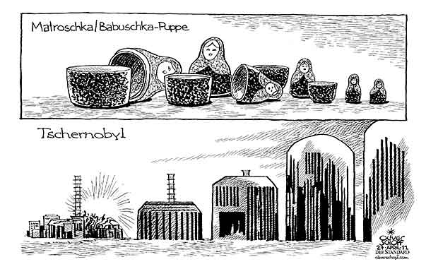  Oliver Schopf, politischer Karikaturist aus Österreich, politische Karikaturen, Illustrationen Archiv politische Karikatur Europa Ukraine 2011 tschernobyl atom kraftwerk sarkophag schachtelpuppe matroschka babuschka

