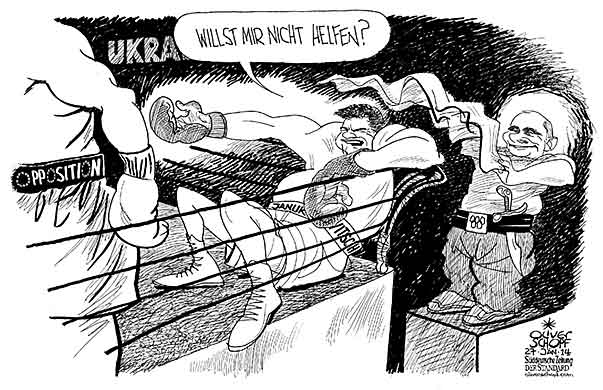 Oliver Schopf, politischer Karikaturist aus Österreich, politische Karikaturen aus Österreich, Karikatur Cartoon Illustrationen Politik Politiker Europa 2014: UKRAINE JANUKOWITSCH PUTIN OPPOSITION EU BOXEN KLITSCHKO BOXRING ECKE SEILE OLYMPIA SOTSCHI 
