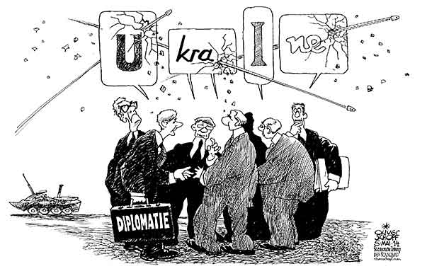 Oliver Schopf, politischer Karikaturist aus Österreich, politische Karikaturen aus Österreich, Karikatur Cartoon Illustrationen Politik Politiker Europa 2014: UKRAINE DIPLOMATIE VERHANDLUNGEN GEWALT MILITAER PANZER SCHUESSE KUGELN SPRECHBLASE 


