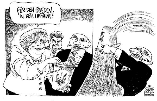 Oliver Schopf, politischer Karikaturist aus Österreich, politische Karikaturen aus Österreich, Karikatur Cartoon Illustrationen Politik Politiker Europa 2014: UKRAINE PEACE RUSSLAND MERKEL PUTIN POROSCHENKO ICE BUCKET CHALLENGE KUEBEL WASSER UEBERGIESSEN

