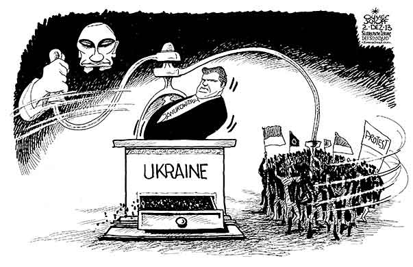  Oliver Schopf, politischer Karikaturist aus Österreich, politische Karikaturen, Illustrationen Archiv politische Karikatur Europa Ukraine 2013 UKRAINE PROTEST JANUKOWITSCH PUTIN KAFFEEMUEHLE ZWICKMUEHLE REIBEN KURBEL

