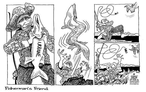 Oliver Schopf, politischer Karikaturist aus Österreich, politische Karikaturen aus Österreich, Karikatur Cartoon Illustrationen Politik Politiker Europa 2014: UKRAINE RUSSLAND PUTIN EINFLUSS FISCH FISCHEN ANGELN ENTWISCHEN
