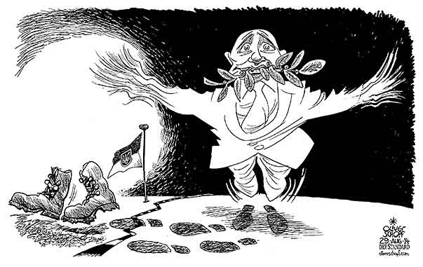 Oliver Schopf, politischer Karikaturist aus Österreich, politische Karikaturen aus Österreich, Karikatur Cartoon Illustrationen Politik Politiker Europa 2014: UKRAINE RUSSLAND PUTIN INVASION FRIEDENSTAUBE OELZWEIG STIEFEL GRENZE UEBERSCHREITEN 

