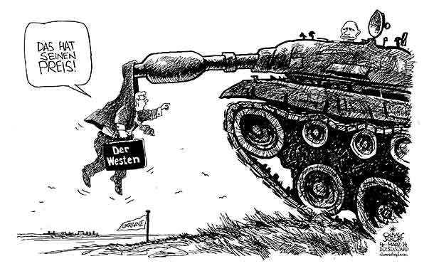 Oliver Schopf, politischer Karikaturist aus Österreich, politische Karikaturen aus Österreich, Karikatur Cartoon Illustrationen Politik Politiker Europa 2014: UKRAINE DER WESTEN EU USA PUTIN PANZER VERHANDLUNGEN DIPLOMATIE PREIS   
