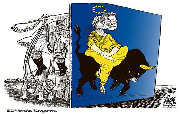 Oliver Schopf, politischer Karikaturist aus Österreich, politische Karikaturen aus Österreich, Karikatur Illustrationen Politik Politiker Europa 2011: ungarn viktor orban eu vorsitz pressefreiheit reiten



 
   