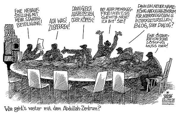 Oliver Schopf, politischer Karikaturist aus Österreich, politische Karikaturen aus Österreich, Karikatur Cartoon Illustrationen Politik Politiker Österreich 2015 KOENIG ABDULLAH ZENTRUM FUER INTERRELIGIOESEN UND INTERKULTURELLEN DIALOG KAICIID BLOGGER BADAWI SAUDI ARABIEN AUSPEITSCHEN KOEPFEN BANDION-ORTNERTE NEUJAHR NACHT 
