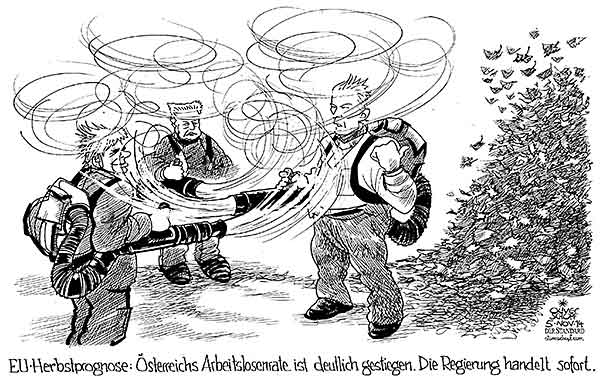 Oliver Schopf, politischer Karikaturist aus Österreich, politische Karikaturen aus Österreich, Karikatur Cartoon Illustrationen Politik Politiker Österreich 2014: ARBEITSLOSIGKEIT ANSTIEG HERBST PROGNOSE FAYMANN MITTERLEHNER HUNDSTORFER LAUBBLAESER WIND 





