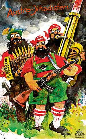 Oliver Schopf, politischer Karikaturist aus Österreich, politische Karikaturen aus Österreich, Karikatur Cartoon Illustrationen Politik Politiker Österreich 2014: IS ISIS JIHADISTEN AUSTRO-JIHADISTEN VOLKSMUSIK KAPELLE TRACHTEN MUSIKANTENSTADL IRAK KAEMPFER 

