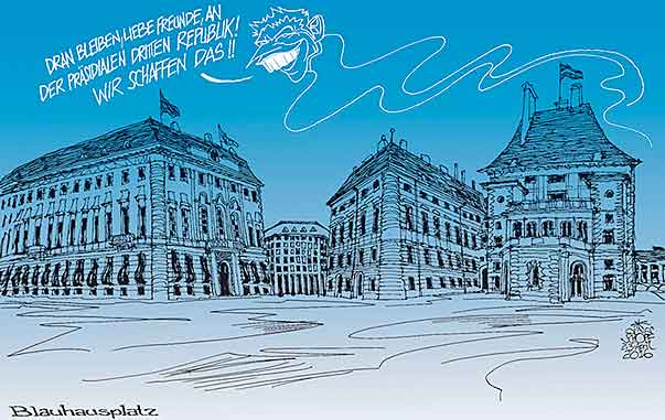 Oliver Schopf, politischer Karikaturist aus Österreich, politische Karikaturen aus Österreich, Karikatur Cartoon Illustrationen Politik Politiker Österreich 2016 : BALLHAUSPLATZ WIEN BUNDESKANZLERAMT HOFBURG FPÖ JÖRG HAIDER GEIST DRITTE REPUBLIK BLAU WIR SCHAFFEN DAS



