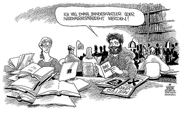 Oliver Schopf, politischer Karikaturist aus Österreich, politische Karikaturen aus Österreich, Karikatur Cartoon Illustrationen Politik Politiker Österreich 2014: BILDUNG SCHULE LESESAAL POLITIKER QUALIFIZIERUNG KRONEN ZEITUNG PARTEIBUCH





