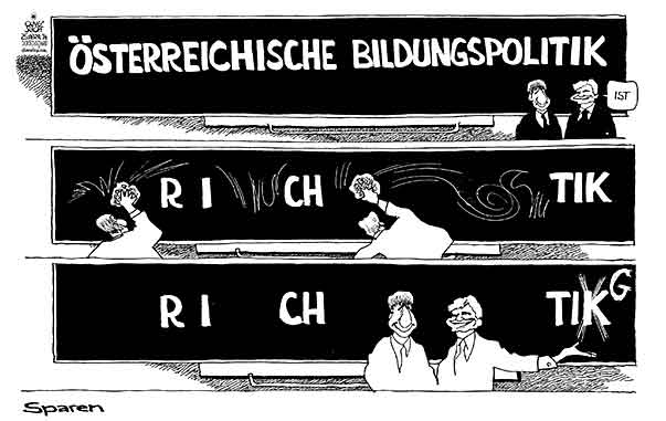 Oliver Schopf, politischer Karikaturist aus Österreich, politische Karikaturen aus Österreich, Karikatur Cartoon Illustrationen Politik Politiker Österreich 2014: BILDUNG BILDUNGSPOLITIK SCHULE FAYMANN SPINDELEGGER  REGIERUNG SPAREN EINSPARUNGEN SCHULTAFEL SCHWAMM LOESCHEN KREIDE 




