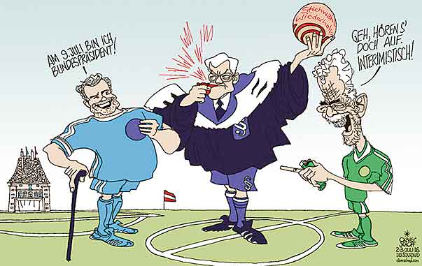 Oliver Schopf, politischer Karikaturist aus Österreich, politische Karikaturen aus Österreich, Karikatur Cartoon Illustrationen Politik Politiker Österreich 2016 : BUNDESPRÄSIDENTENWAHL STICHWAHL WIEDERHOLUNG VERFASSUNGSGERICHT ANFECHTUNG URTEIL GERHART HOLZINGER NORBERT HOFER ALEXANDER VAN DER BELLEN FUSSBALL SCHIEDSRICHTER BALL HOFBURG 






