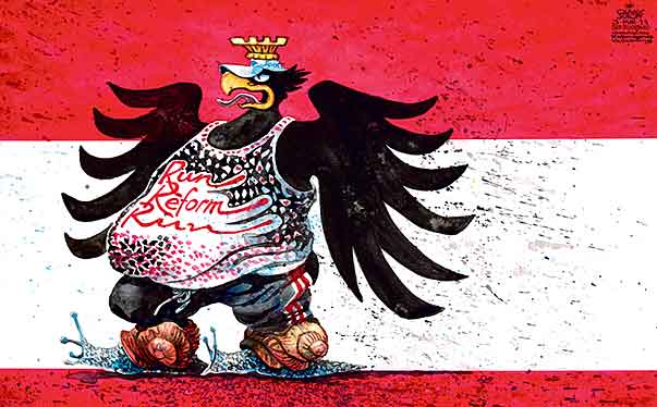 Oliver Schopf, editorial cartoons from Austria, cartoonist from Austria, Austrian illustrations, illustrator from Austria, editorial cartoon politics politician Austria 2011: eagle public administration sport run fat snail






