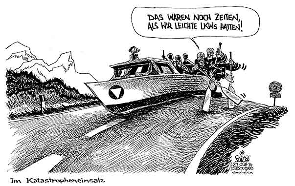 Oliver Schopf, politischer Karikaturist aus Österreich, politische Karikaturen aus Österreich, Karikatur Cartoon Illustrationen Politik Politiker Österreich 2014: BUNDESHEER LKW PINZGAUER BOOT KATASTROPHENHILFE RUDERN STRASSE MOBILITAET


