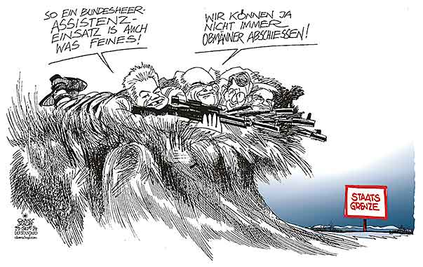 Oliver Schopf, politischer Karikaturist aus Österreich, politische Karikaturen aus Österreich, Karikatur Cartoon Illustrationen Politik Politiker Österreich 2014: BUNDESHEER ASSISTENZEINSATZ STAATSGRENZE LANDESHAUPTLEUTE PUEHRINGER PROELL
FLUECHTLINGE






