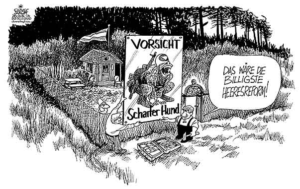Oliver Schopf, politischer Karikaturist aus Österreich, politische Karikaturen aus Österreich, Karikatur Cartoon Illustrationen Politik Politiker Österreich 2014: REGIERUNG KOALITION BUNDESHEER REFORM FAYMANN SPINDELEGGER SCHREBERGARTEN WACHHUND WARNSCHILD ZAUN



