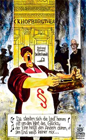 Oliver Schopf, politischer Karikaturist aus Österreich, politische Karikaturen aus Österreich, Karikatur Cartoon Illustrationen Politik Politiker Österreich 2014: BURGTHEATER WIEN MATTHIAS HARTMANN GEORG SPRINGER FERDINAND RAIMUND DER VERSCHWENDER HOBELLIED ANKLAGE STAATSANWALT MILLIONEN VERLUSTE