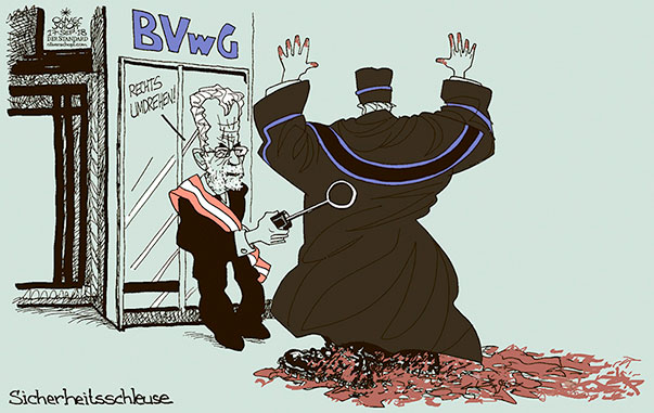 Oliver Schopf, politischer Karikaturist aus Österreich, politische Karikaturen aus Österreich, Karikatur Cartoon Illustrationen Politik Politiker Österreich 2018 : BVwG BUNDESVERWALTUNGSGERICHTSHOF RICHTER BESTELLUNG ERNENNUNG KEYL FPÖ RECHTS BUNDESPRÄSIDENT VAN DER BELLEN SICHERHEITSSCHLEUSE BRAUN DRECK
