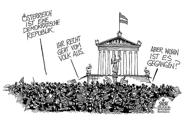 Oliver Schopf, politischer Karikaturist aus Österreich, politische Karikaturen aus Österreich, Karikatur Cartoon Illustrationen Politik Politiker Österreich 2016 : DEMOKRATIE REPUBLIK VERFASSUNG VOLK RECHT PARLAMENT DEMO



