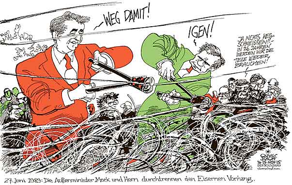 Oliver Schopf, politischer Karikaturist aus Österreich, politische Karikaturen aus Österreich, Karikatur Cartoon Illustrationen Politik Politiker Österreich 2015 : EISENER VORHANG ALOIS MOCK GYULA HORN GRENZE ZAUN SPIELFELD FLÜCHTLINGE BALKANROUTE SYRIEN MIGRATION    


