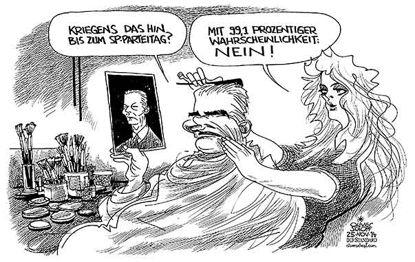 Oliver Schopf, politischer Karikaturist aus Österreich, politische Karikaturen aus Österreich, Karikatur Cartoon Illustrationen Politik Politiker Österreich 2014: SPOE PARTEITAG WERNER FAYMANN VISAGISTIN MITTERLEHNER GESICHT







