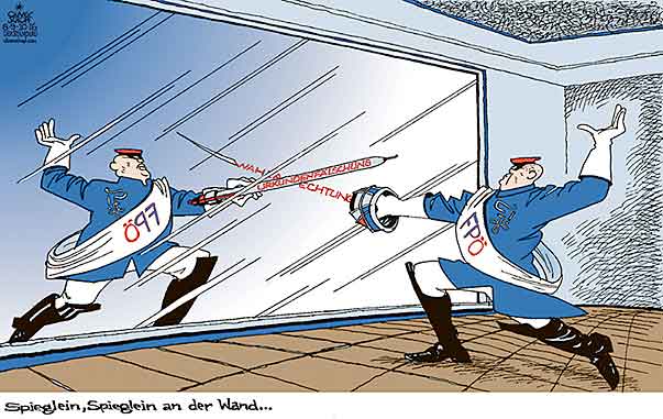 Oliver Schopf, politischer Karikaturist aus Österreich, politische Karikaturen aus Österreich, Karikatur Cartoon Illustrationen Politik Politiker Österreich 2016 : FPÖ SPIEGEL FECHTEN WAHLANFECHTUNG URKUNDENFÄLSCHUNG BURSCHENSCHAFTER WICHS SCHLÄGER SPIEGLEIN SPIEGLEIN AN DER WAND






