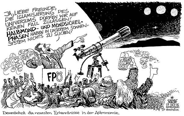 Oliver Schopf, politischer Karikaturist aus Österreich, politische Karikaturen aus Österreich, Karikatur Cartoon Illustrationen Politik Politiker Österreich 2015 : SPIELFELD FPÖ HC STRACHE RECHTSPOPULISMUS HETZEN REDE ISLAMISIERUNG HALBMOND ASTRONOMIE FERNROHR MONDPHASEN SONNENSYSTEM TRABANT  



