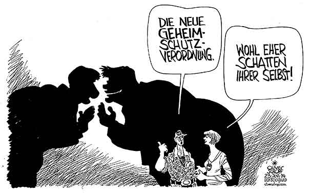 Oliver Schopf, politischer Karikaturist aus Österreich, politische Karikaturen aus Österreich, Karikatur Cartoon Illustrationen Politik Politiker Österreich 2014: geheimschutzverordnung





