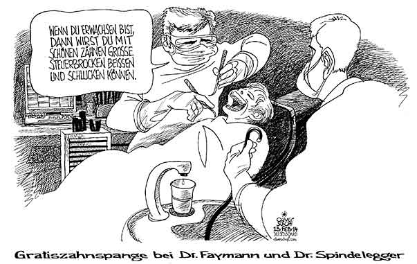 Oliver Schopf, politischer Karikaturist aus Österreich, politische Karikaturen aus Österreich, Karikatur Cartoon Illustrationen Politik Politiker Österreich 2014: REGIERUNG FAYMANN SPINDELEGGER ZAEHNE ZAHN GRATIS ZAHNSPANGE ZAHNARZT PRAXIS JUGENDLICHE STEUER BEISSEN SCHLUCKEN  