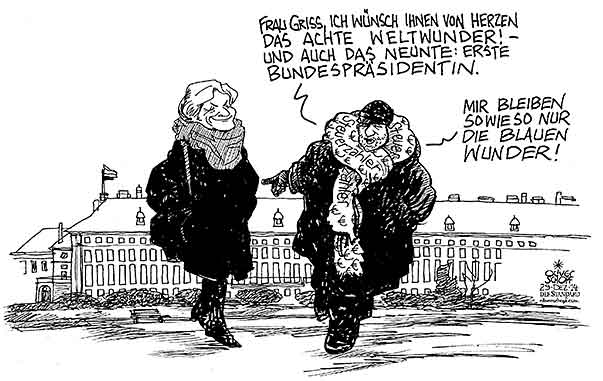 Oliver Schopf, politischer Karikaturist aus Österreich, politische Karikaturen aus Österreich, Karikatur Cartoon Illustrationen Politik Politiker Österreich 2014: IRMGARD GRISS HYPO ALPE ADRIA KOMMISSION BERICHT BUNDESPRAESIDENTSCHAFTSWAHLKAMPF 2016 ACHTES WELTWUNDER HELDENPLATZ HOFBURG STEUERZAHLER BLAUES WUNDER




