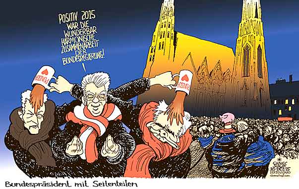 Oliver Schopf, politischer Karikaturist aus Österreich, politische Karikaturen aus Österreich, Karikatur Cartoon Illustrationen Politik Politiker Österreich 2015 : HEINZ FISCHER FAYMANN MITTERLEHNER BUNDESREGIERUNG SILVESTER WIEN STEPHANSPLATZ STEPHANSDOM PUNSCH TÜR MIT SEITENTEILEN




