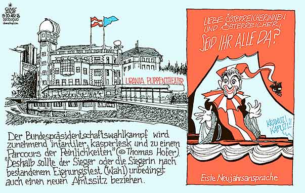 Oliver Schopf, politischer Karikaturist aus Österreich, politische Karikaturen aus Österreich, Karikatur Cartoon Illustrationen Politik Politiker Österreich 2016 : BUNDESPRÄSIDENTENWAHL KANDIDATEN HOFBURG WAHLWERBUNG PARCOURS DER PEINLICHKEITEN INFANTIL URANIA PUPPENTHEATER KASPERL PEZI 

