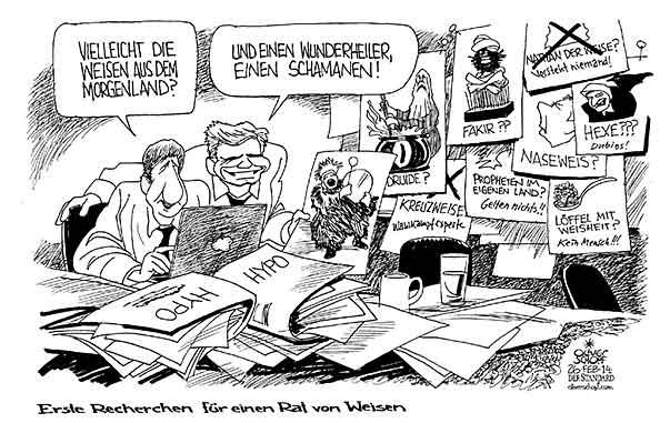 Oliver Schopf, politischer Karikaturist aus Österreich, politische Karikaturen aus Österreich, Karikatur Cartoon Illustrationen Politik Politiker Österreich 2014: HYPO GROUP ALPE ADRIA FAYMANN SPINDELEGGER WEISENRAT WUNDERHEILER SCHAMANE FAKIR DRUIDE HEXE NATHAN DER WEISE LOEFFEL KREUZWEISE