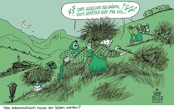 Oliver Schopf, politischer Karikaturist aus Österreich, politische Karikaturen aus Österreich, Karikatur Cartoon Illustrationen Politik Politiker Österreich 2015 ISLAM OESTERREICH ISLAMGESETZ GENERALVERDACHT BERGBAUERN GEBIRGE HEUERNTE ALLAH GRUEN HALBMOND

