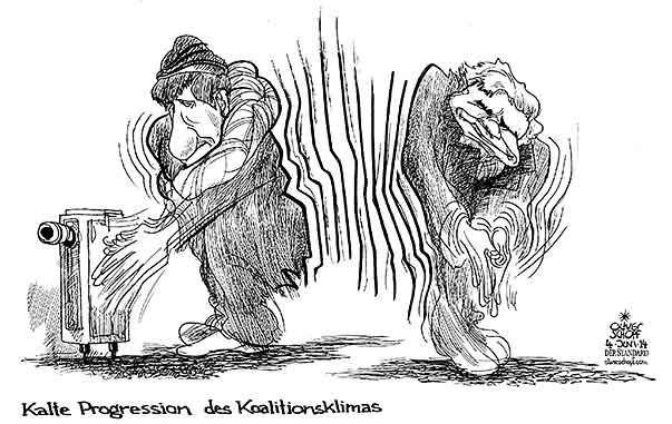 Oliver Schopf, politischer Karikaturist aus Österreich, politische Karikaturen aus Österreich, Karikatur Cartoon Illustrationen Politik Politiker Österreich 2014: REGIERUNG KOALITION SPOE OEVP FAYMANN SPINDELEGGER STEUERREFORM KALTE PROGRESSION KLIMA KAELTE FRIEREN 



