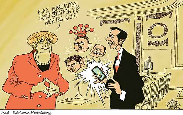 Oliver Schopf, politischer Karikaturist aus Österreich, politische Karikaturen aus Österreich, Karikatur Cartoon Illustrationen Politik Politiker Österreich 2016 : MERKEL CHRISTIAN KERN SCHLOSS MESEBERG REGIERUNGSCHEF FLÜCHTLINGE FLÜCHTLINGSPOLITIK HANS PETER DOSKOZIL WOLFGANG SOBOTKA SEBASTIAN KURZ KRONENZEITUNG SMARTPHONE ANRUF



