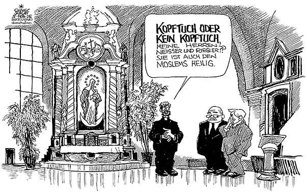 Oliver Schopf, politischer Karikaturist aus Österreich, politische Karikaturen aus Österreich, Karikatur Cartoon Illustrationen Politik Politiker Österreich 2015 KOPFTUCH DEBATTE ISLAM FRAU OEVP HEINRICH NEISSER JOSEF RIEGLER KIRCHE MARIA ALTAR 
