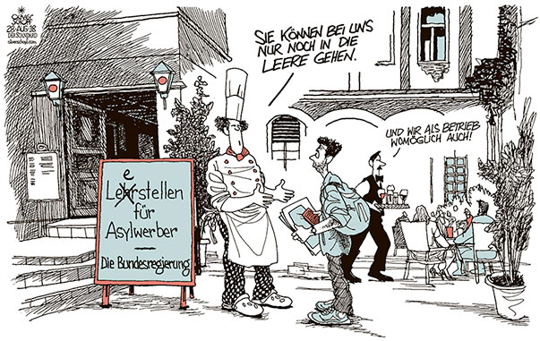 Oliver Schopf, politischer Karikaturist aus Österreich, politische Karikaturen aus Österreich, Karikatur Cartoon Illustrationen Politik Politiker Österreich 2018 : LEHRE ASYLWERBER LEERE LEHRSTELLEN BETRIEBE WIRTSCHAFT GASTGEWERBE RESTAURANT WIRT KOCH KELLNER GASTGARTEN BUNDESREGIERUNG   

