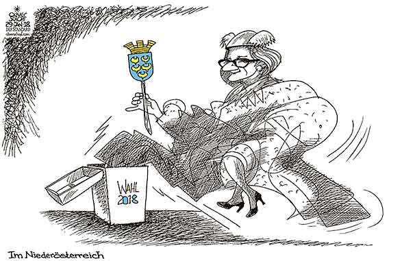 Oliver Schopf, politischer Karikaturist aus Österreich, politische Karikaturen aus Österreich, Karikatur Cartoon Illustrationen Politik Politiker Österreich 2018 : NIEDERÖSTERREICH LANDTAGSWAHL JOHANNA MIKL-LEITNER ABSOLUTE WAHLSIEG PRÖLL GLATZE KRONE


