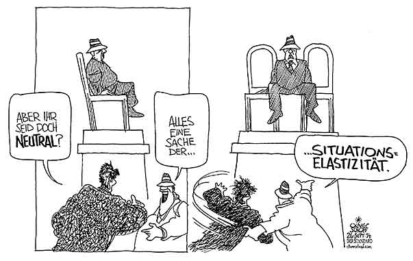 Oliver Schopf, politischer Karikaturist aus Österreich, politische Karikaturen aus Österreich, Karikatur Cartoon Illustrationen Politik Politiker Österreich 2014: IMMERWAEHRENDE NEUTRALITAET DENKMAL SITUATIONSELASTISCH ZWISCHEN ZWEI STUEHLEN SITZEN




