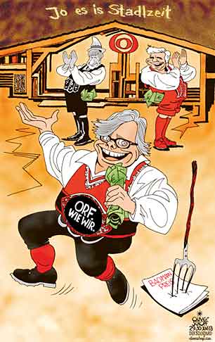  Oliver Schopf, politischer Karikaturist aus Österreich, politische Karikaturen, Illustrationen Archiv politische Karikatur Österreich 2013 ORF BACHMANN PREIS WRABETZ ALEXANDER FAYMANN SPINDELEGGER MUSIKANTENSTADL GEBUEHREN 
 
