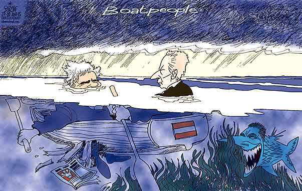 Oliver Schopf, politischer Karikaturist aus Österreich, politische Karikaturen aus Österreich, Karikatur Cartoon Illustrationen Politik Politiker Österreich 2015 REGIERUNG KOALITION SPOE OEVP FAYMANN MITTERLEHNER KRONENZEITUNG KRONE ASYLGIPFEL LANDESHAUPTLEUTE FLUECHTLINGE BOOT BOATPEOPLE  FPOE STRACHE UNTERGEHEN  

